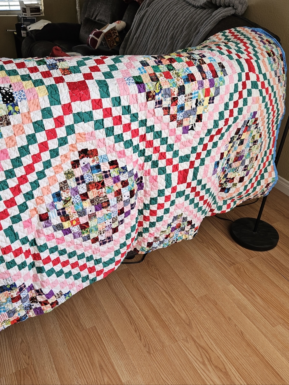 Vintage Handmade Multicolor Patchwork Quilt - Bright Pink, Green & White. 1960's